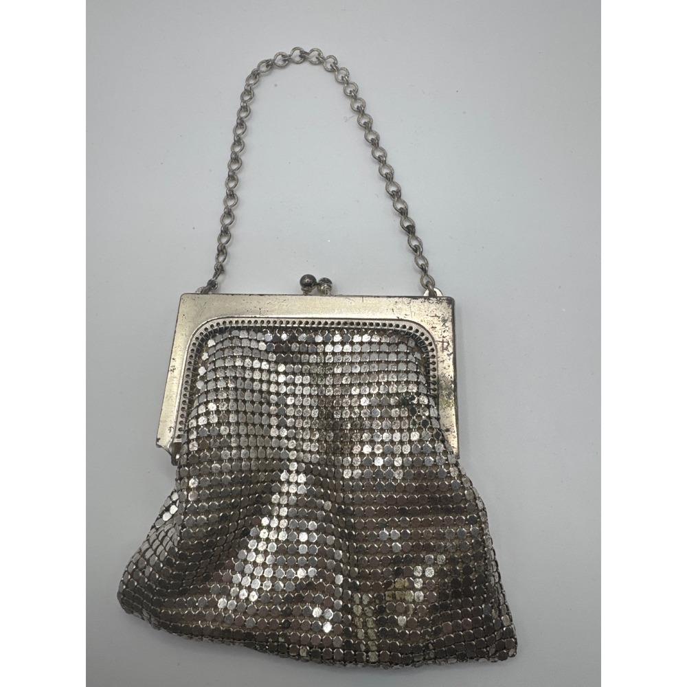 Whiting & Davis Vintage Silver Metal Mesh Kiss Lock Evening Bag Made in USA